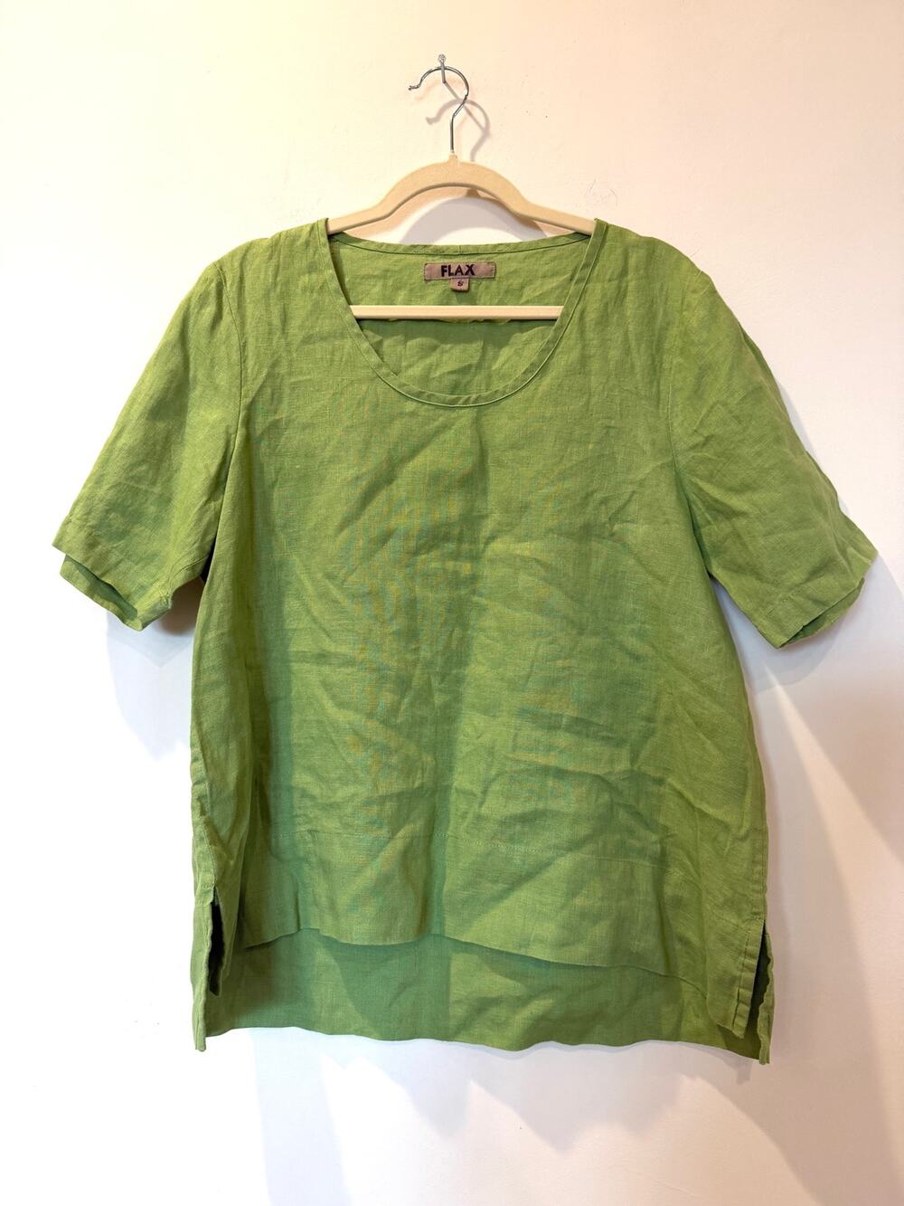 FLAX 100% linen chartreuse lime green shirt sleeve tee small scoop neck